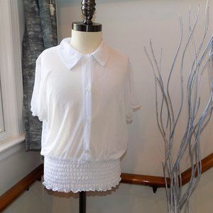 STREET CODE Sheer White Button Down Ruche Crop Top Blouse